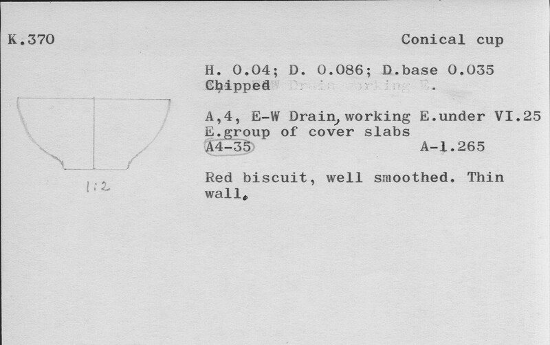 Index card with typed and handwritten information, sometimes including a sketch, of pottery from an excavation.