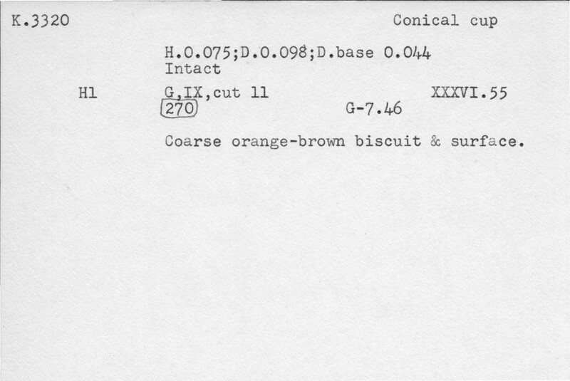 Index card with typed and handwritten information, sometimes including a sketch, of pottery from an excavation.
