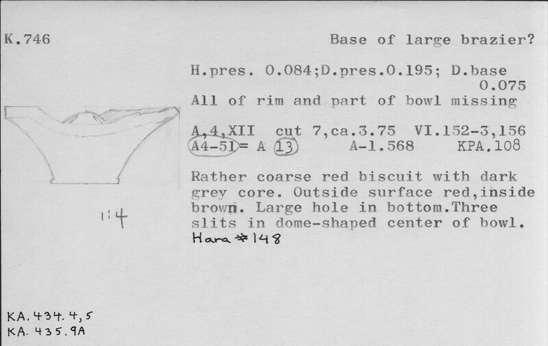 Index card with typed and handwritten information, sometimes including a sketch, of pottery from an excavation.