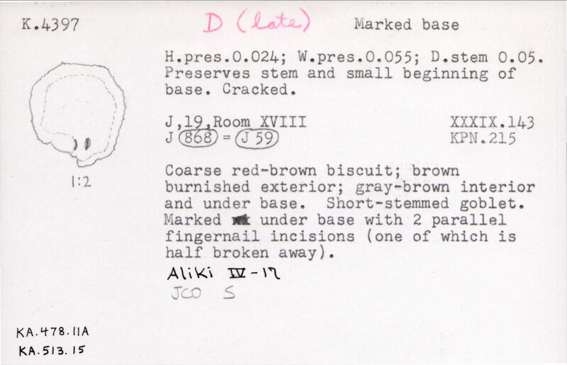 Index card with typed and handwritten information, sometimes including a sketch, of pottery from an excavation.