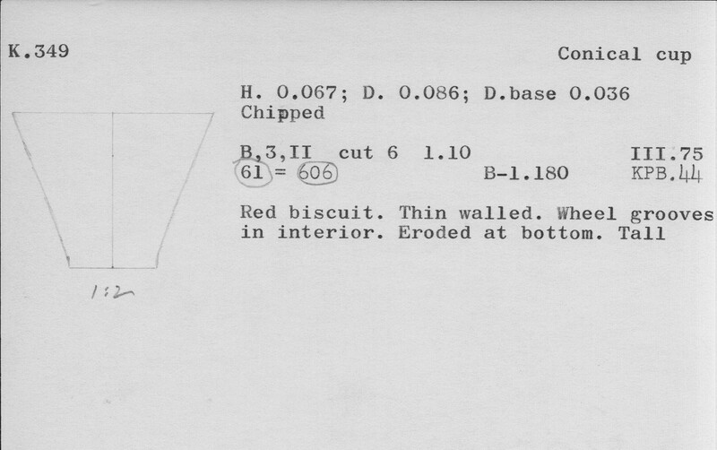 Index card with typed and handwritten information, sometimes including a sketch, of pottery from an excavation.