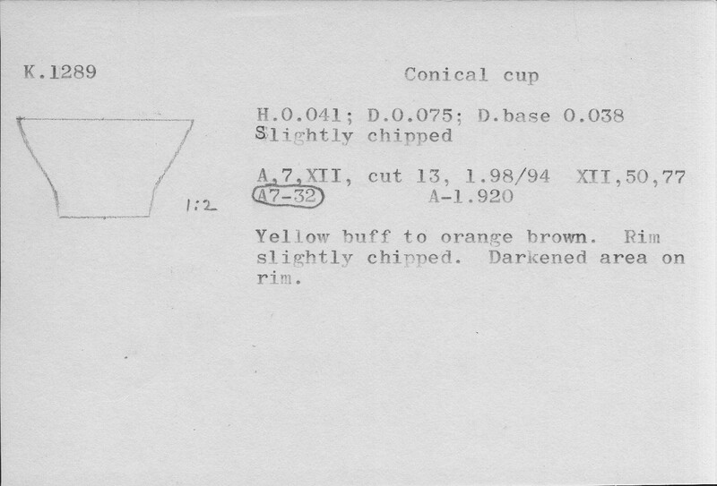 Index card with typed and handwritten information, sometimes including a sketch, of pottery from an excavation.