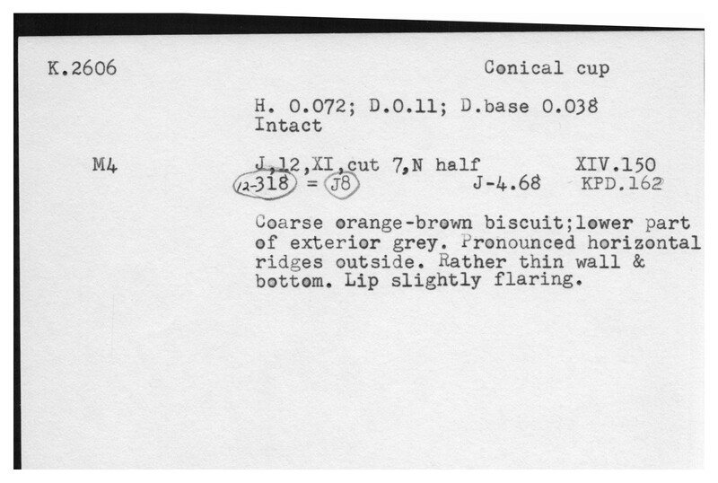 Index card with typed and handwritten information, sometimes including a sketch, of pottery from an excavation.