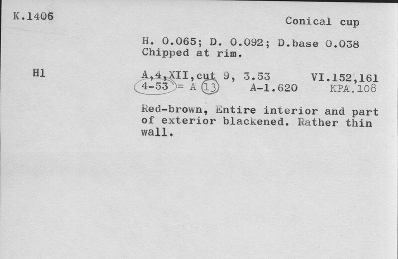 Index card with typed and handwritten information, sometimes including a sketch, of pottery from an excavation.