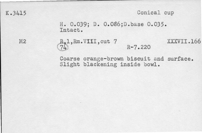 Index card with typed and handwritten information, sometimes including a sketch, of pottery from an excavation.
