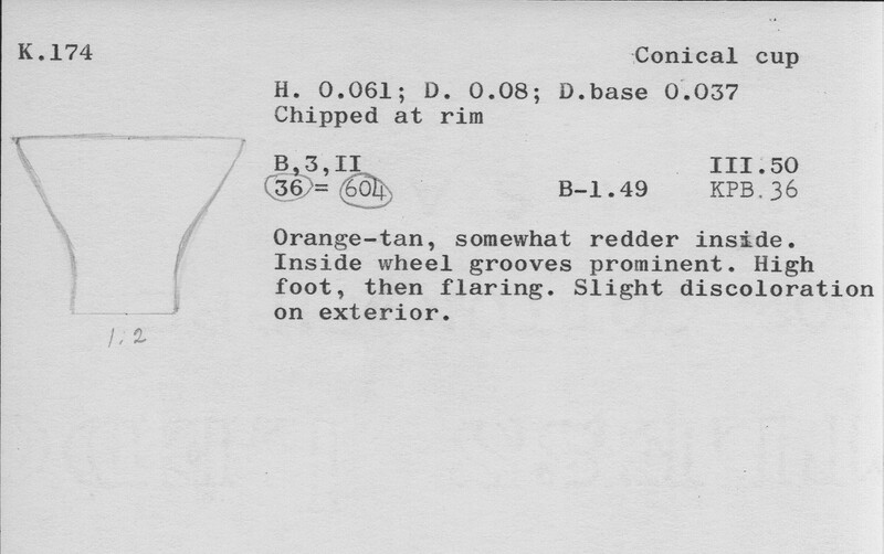Index card with typed and handwritten information, sometimes including a sketch, of pottery from an excavation.