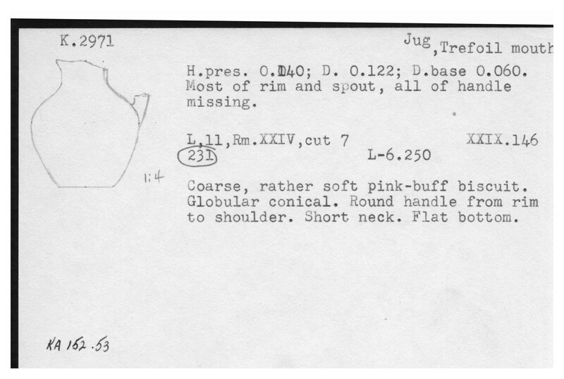 Index card with typed and handwritten information, sometimes including a sketch, of pottery from an excavation.