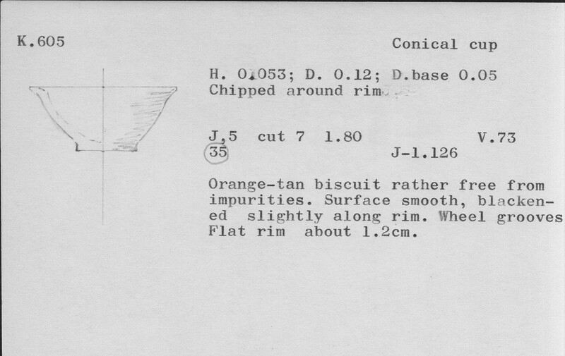 Index card with typed and handwritten information, sometimes including a sketch, of pottery from an excavation.