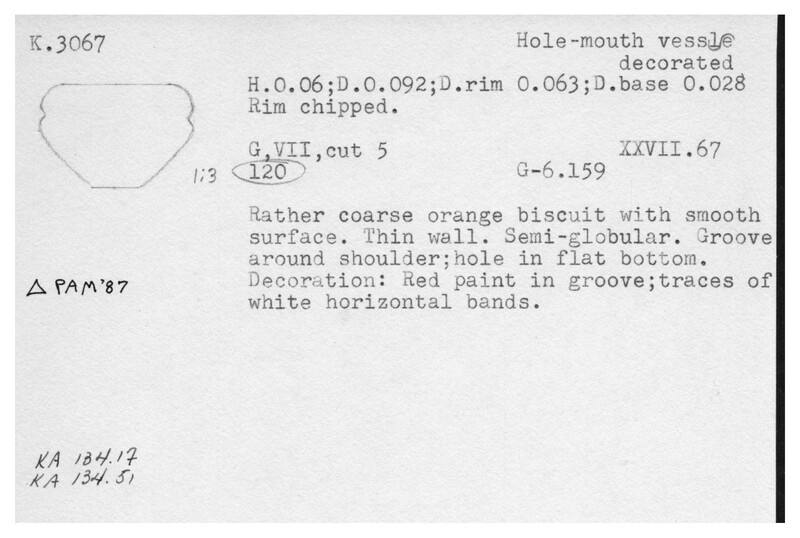 Index card with typed and handwritten information, sometimes including a sketch, of pottery from an excavation.