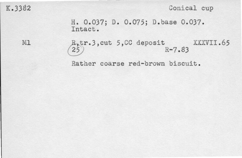 Index card with typed and handwritten information, sometimes including a sketch, of pottery from an excavation.