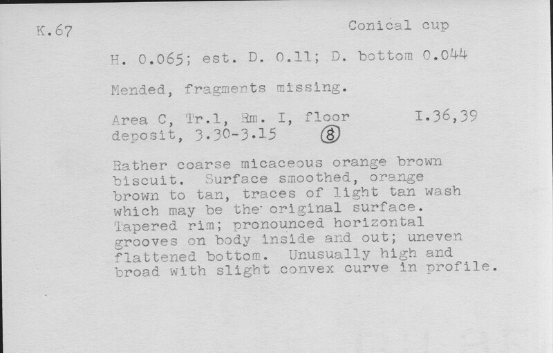 Index card with typed and handwritten information, sometimes including a sketch, of pottery from an excavation.