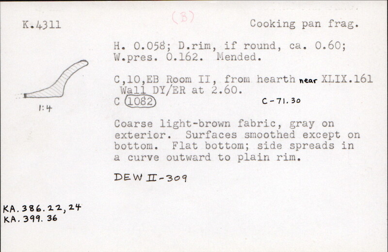 Index card with typed and handwritten information, sometimes including a sketch, of pottery from an excavation.