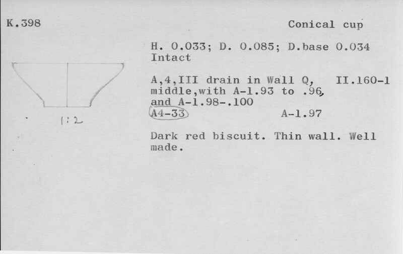 Index card with typed and handwritten information, sometimes including a sketch, of pottery from an excavation.