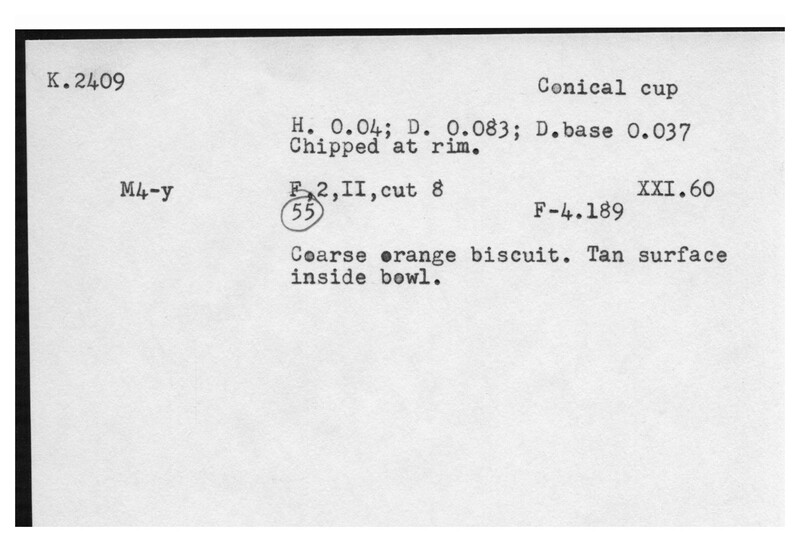Index card with typed and handwritten information, sometimes including a sketch, of pottery from an excavation.