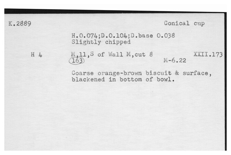 Index card with typed and handwritten information, sometimes including a sketch, of pottery from an excavation.
