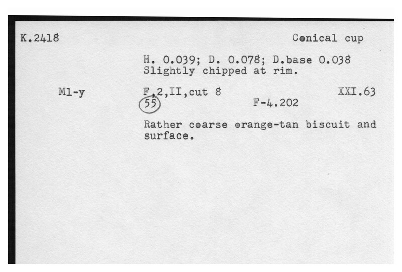 Index card with typed and handwritten information, sometimes including a sketch, of pottery from an excavation.