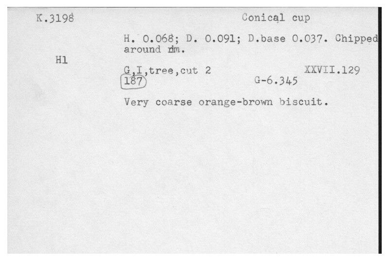 Index card with typed and handwritten information, sometimes including a sketch, of pottery from an excavation.