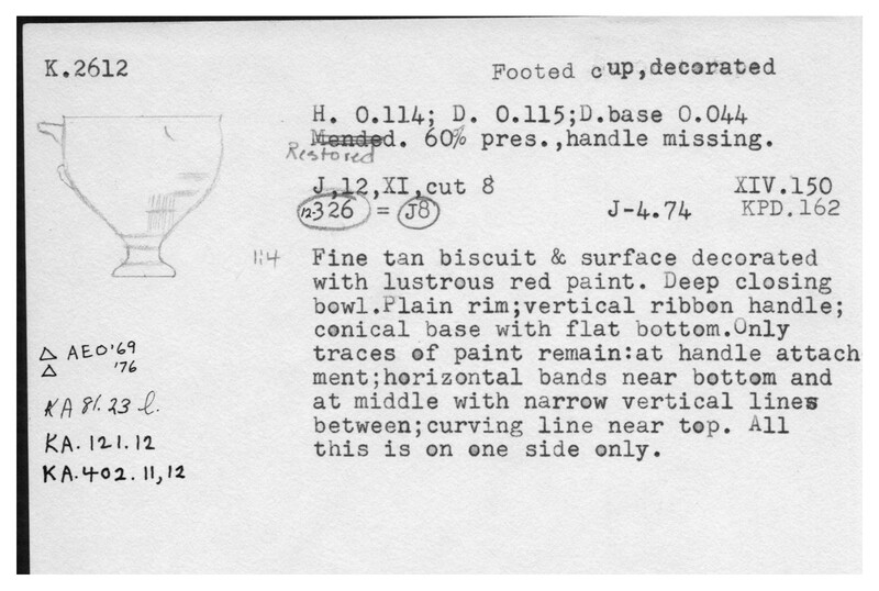 Index card with typed and handwritten information, sometimes including a sketch, of pottery from an excavation.