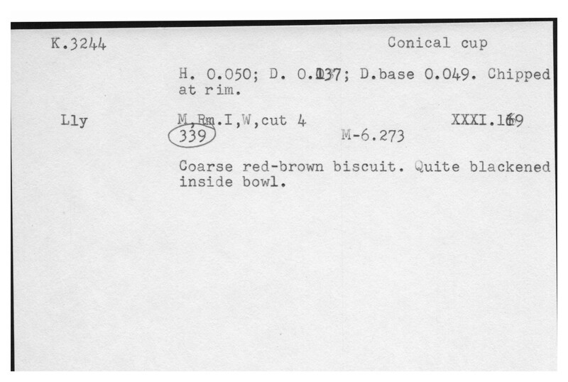 Index card with typed and handwritten information, sometimes including a sketch, of pottery from an excavation.