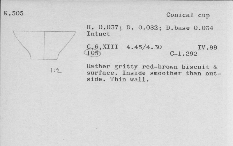 Index card with typed and handwritten information, sometimes including a sketch, of pottery from an excavation.