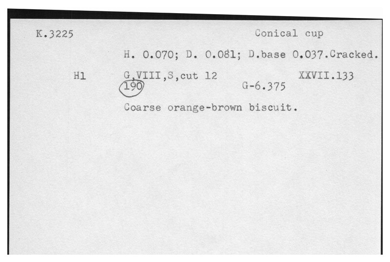 Index card with typed and handwritten information, sometimes including a sketch, of pottery from an excavation.