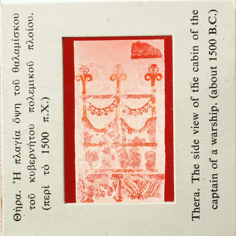 Image of ancient Greek wall painting with three uprights holding architecture, possibly a room on a ship.