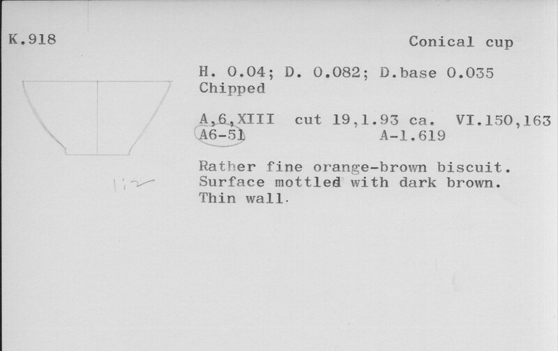 Index card with typed and handwritten information, sometimes including a sketch, of pottery from an excavation.