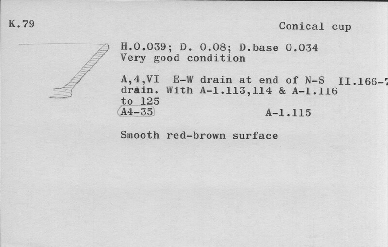 Index card with typed and handwritten information, sometimes including a sketch, of pottery from an excavation.