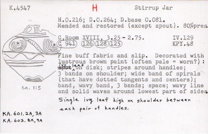 Index card with typed and handwritten information, sometimes including a sketch, of pottery from an excavation.