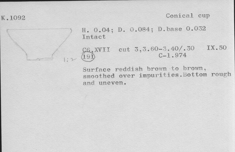 Index card with typed and handwritten information, sometimes including a sketch, of pottery from an excavation.