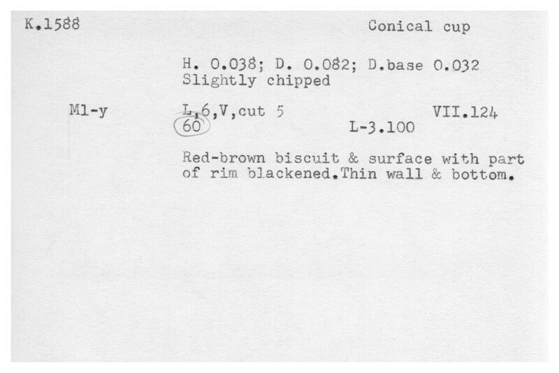 Index card with typed and handwritten information, sometimes including a sketch, of pottery from an excavation.