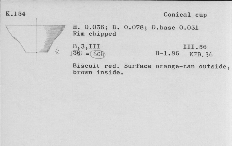 Index card with typed and handwritten information, sometimes including a sketch, of pottery from an excavation.