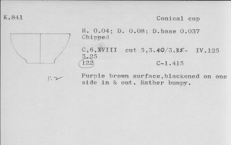 Index card with typed and handwritten information, sometimes including a sketch, of pottery from an excavation.