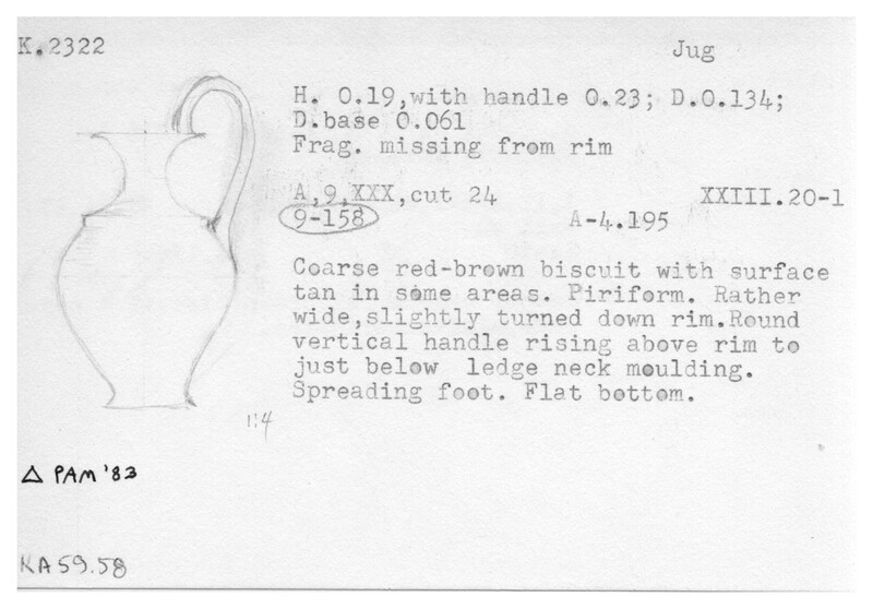 Index card with typed and handwritten information, sometimes including a sketch, of pottery from an excavation.