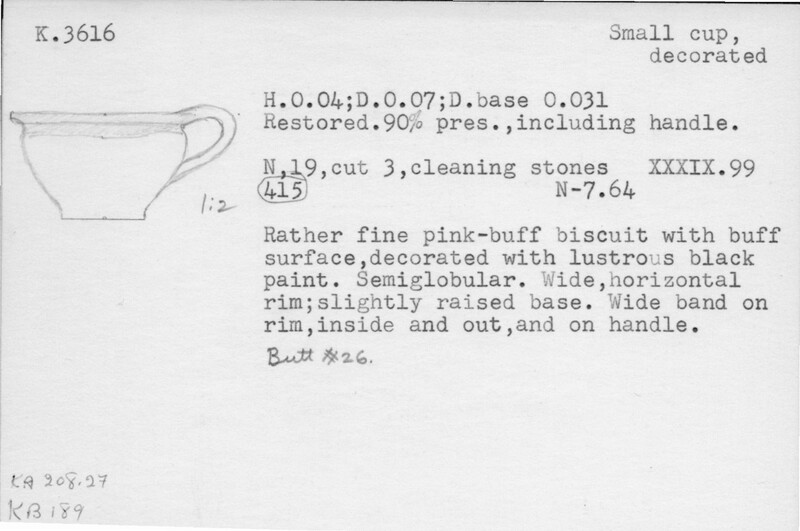 Index card with typed and handwritten information, sometimes including a sketch, of pottery from an excavation.