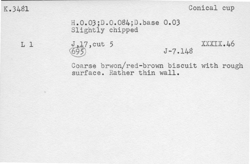 Index card with typed and handwritten information, sometimes including a sketch, of pottery from an excavation.