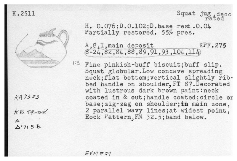 Index card with typed and handwritten information, sometimes including a sketch, of pottery from an excavation.