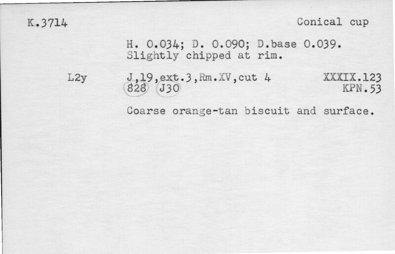 Index card with typed and handwritten information, sometimes including a sketch, of pottery from an excavation.