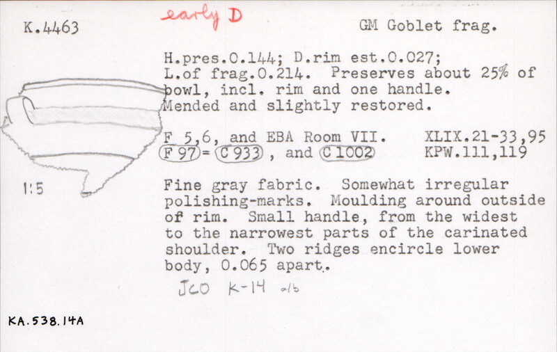 Index card with typed and handwritten information, sometimes including a sketch, of pottery from an excavation.