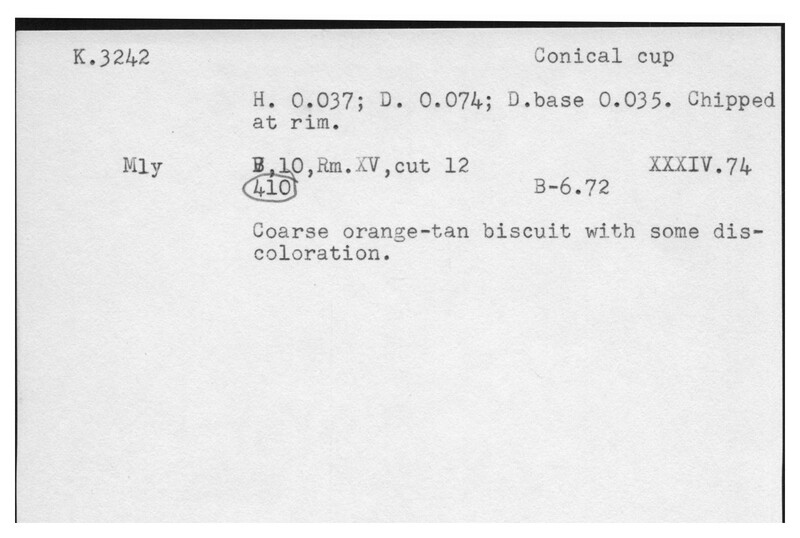 Index card with typed and handwritten information, sometimes including a sketch, of pottery from an excavation.