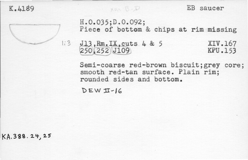 Index card with typed and handwritten information, sometimes including a sketch, of pottery from an excavation.