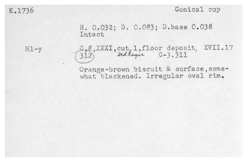 Index card with typed and handwritten information, sometimes including a sketch, of pottery from an excavation.