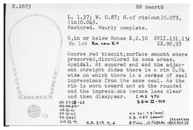 Index card with typed and handwritten information, sometimes including a sketch, of pottery from an excavation.