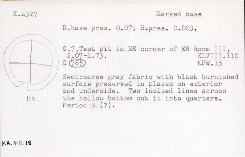 Index card with typed and handwritten information, sometimes including a sketch, of pottery from an excavation.