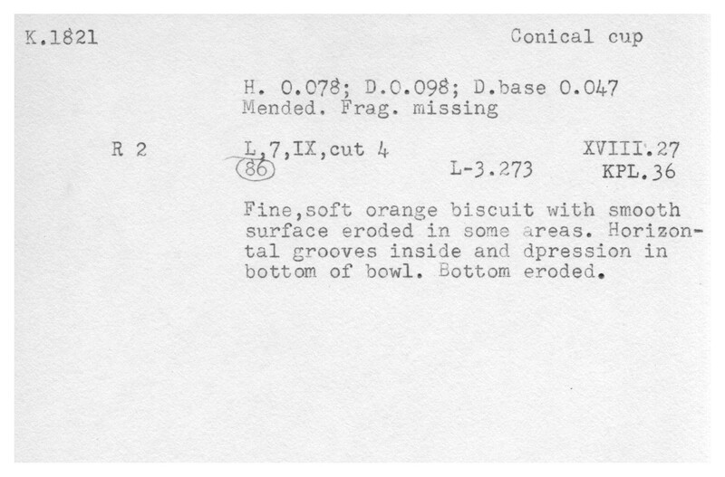 Index card with typed and handwritten information, sometimes including a sketch, of pottery from an excavation.