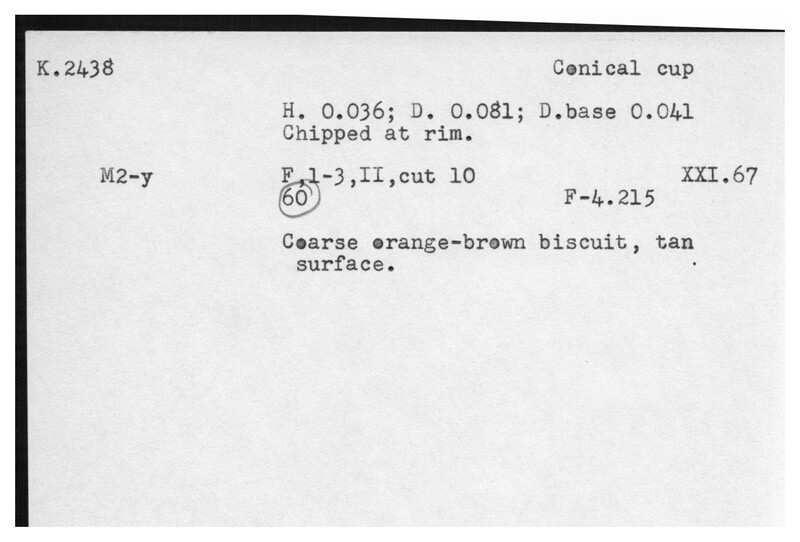 Index card with typed and handwritten information, sometimes including a sketch, of pottery from an excavation.