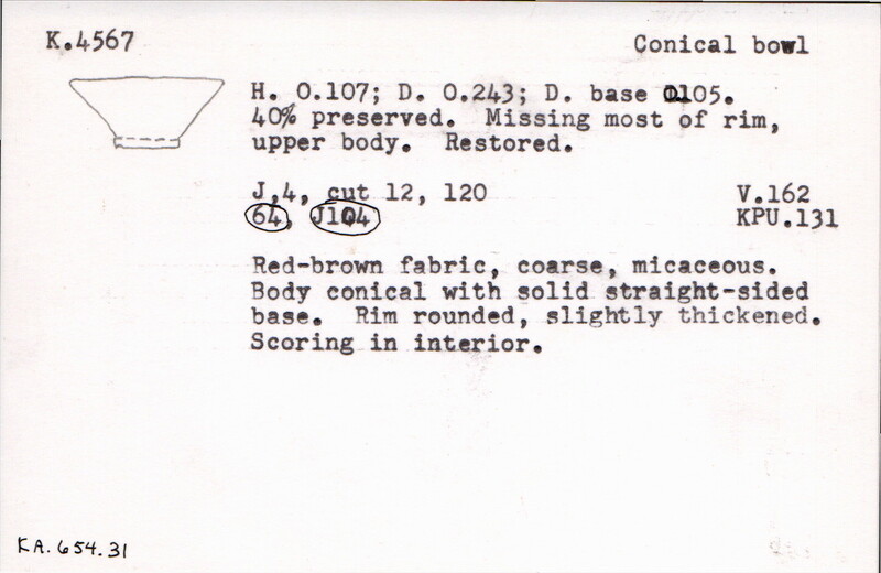Index card with typed and handwritten information, sometimes including a sketch, of pottery from an excavation.