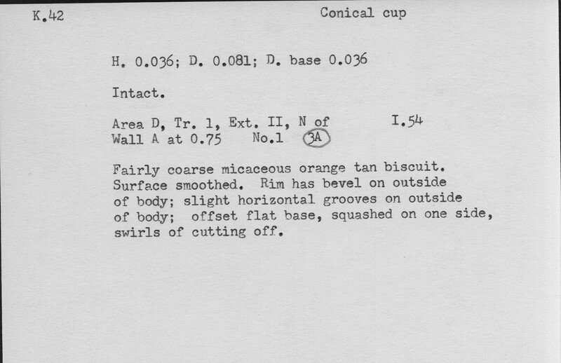 Index card with typed and handwritten information, sometimes including a sketch, of pottery from an excavation.