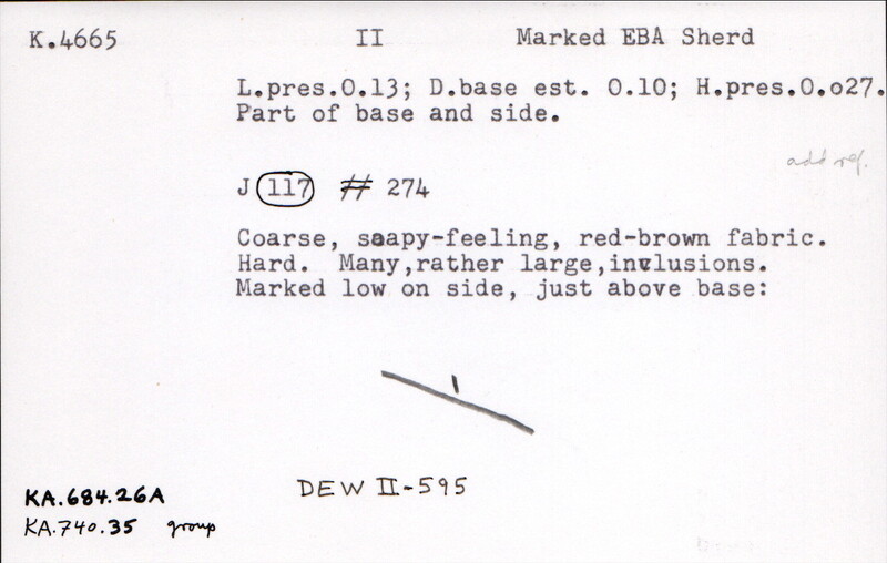 Index card with typed and handwritten information, sometimes including a sketch, of pottery from an excavation.