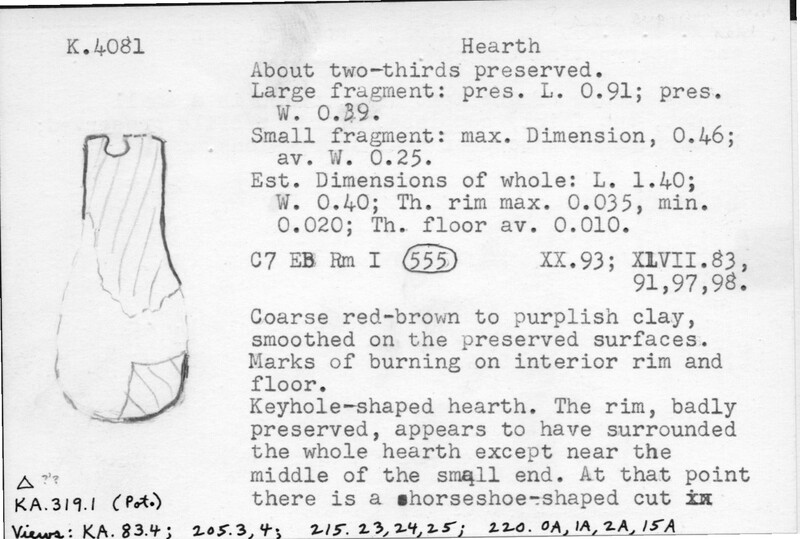 Index card with typed and handwritten information, sometimes including a sketch, of pottery from an excavation.